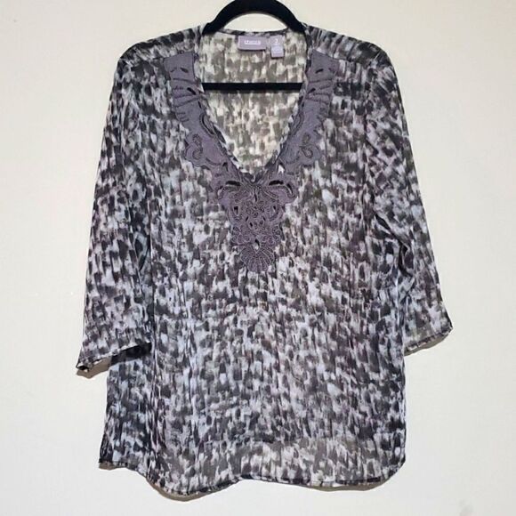 CHICO'S Sheer Patterned Beaded Top - Size 2 (Large) - Picture 1 of 6